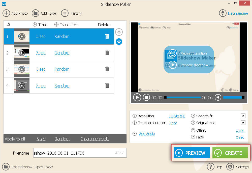Preview and create a slideshow
