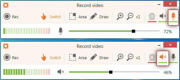 Audio and Microphone Volume on the Recording Panel