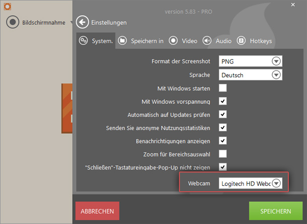 Die Reiter System der Webcam Aufnahme Software