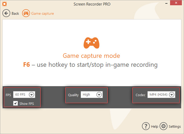 Game Capture mode panel