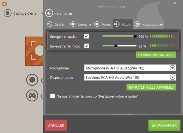 Paramètres audio d'un enregistreur d'écran